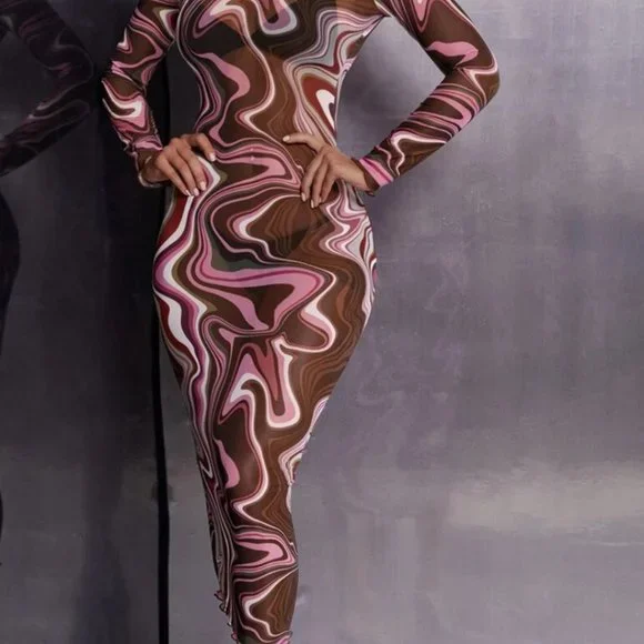 Multi Mesh Swirl Bodycon Midi Dress. Size Large. | Color: Brown/Pink | Size: L | Elizanedwards's Closet